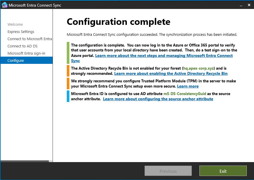 Entra Connect Configuration Complete screen showing all steps completed successfully
